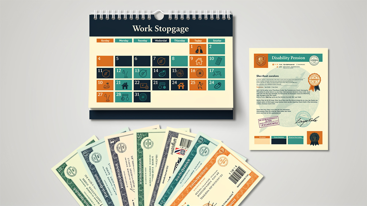 Illustration pédagogique montrant un calendrier, des factures du foyer et un document symbolisant une rente d’invalidité, disposés clairement sur un bureau.