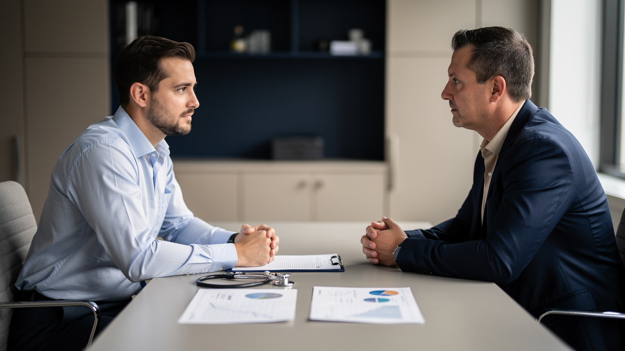 Un médecin et un conseiller en prévoyance consultent des documents vierges et des graphiques abstraits dans un bureau professionnel sobre.