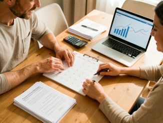 Un homme et une femme organisent ensemble leur budget annuel autour d’une table lumineuse, avec un calendrier vierge, des documents financiers, une calculatrice et un ordinateur.
