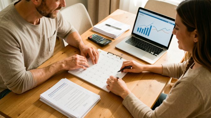 Un homme et une femme organisent ensemble leur budget annuel autour d’une table lumineuse, avec un calendrier vierge, des documents financiers, une calculatrice et un ordinateur.