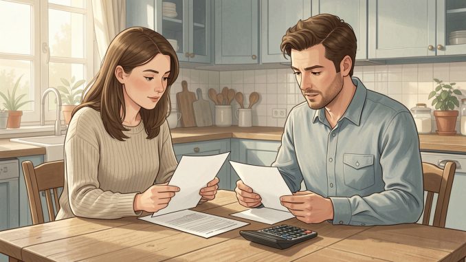 Un couple examine calmement des documents financiers vierges et une calculatrice sur une table en bois, dans une ambiance sobre et réaliste.