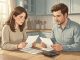 Un couple examine calmement des documents financiers vierges et une calculatrice sur une table en bois, dans une ambiance sobre et réaliste.
