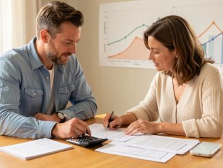 Un homme et une femme consultent ensemble un plan de financement immobilier à une table, avec une calculatrice, des documents vierges et un graphique abstrait en arrière-plan.