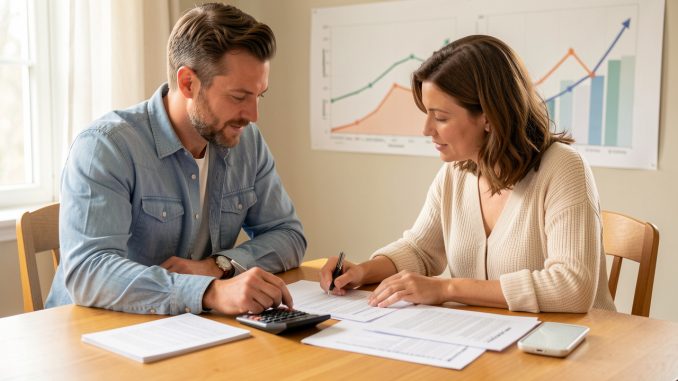 Un homme et une femme consultent ensemble un plan de financement immobilier à une table, avec une calculatrice, des documents vierges et un graphique abstrait en arrière-plan.