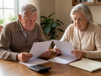 Un couple de retraités examine calmement des documents financiers vierges autour d’une table éclairée par la lumière naturelle.