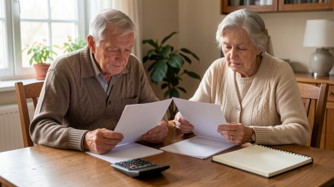 Un couple de retraités examine calmement des documents financiers vierges autour d’une table éclairée par la lumière naturelle.