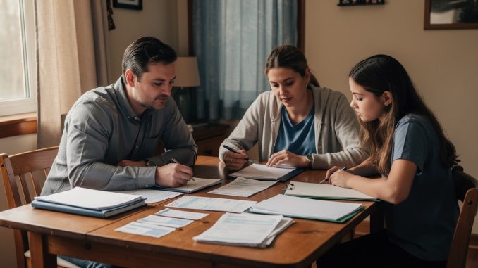 Une famille composée d’un homme, d’une femme et de leur fille adolescente examine calmement des documents vierges liés à la gestion du budget familial autour d’une table, dans une ambiance sobre éclairée par la lumière naturelle.