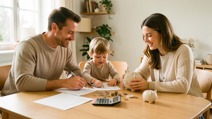 Un homme, une femme et leur jeune enfant organisent un budget familial autour d’une table lumineuse avec des documents vierges, des pièces et une tirelire.