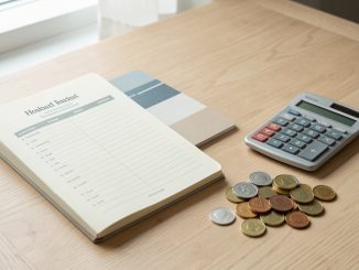 Livret d’épargne, carnet de budget, calculatrice et pièces disposés sur une table claire dans une ambiance financière sobre.