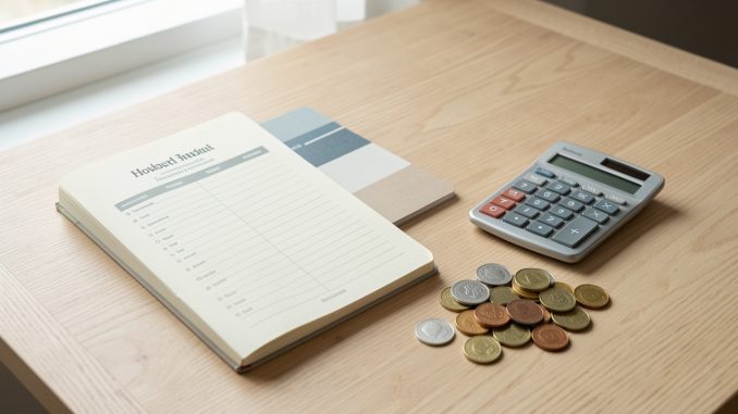 Livret d’épargne, carnet de budget, calculatrice et pièces disposés sur une table claire dans une ambiance financière sobre.
