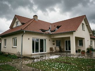 Maison individuelle après un orage de grêle, avec des tuiles et une gouttière visibles sous un ciel chargé.