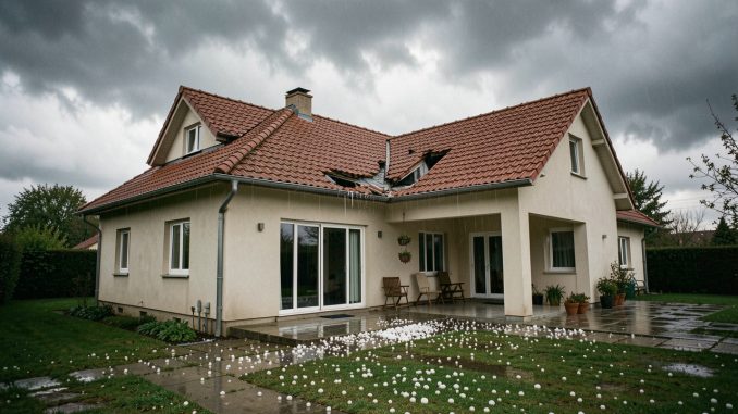 Maison individuelle après un orage de grêle, avec des tuiles et une gouttière visibles sous un ciel chargé.