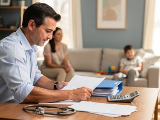 Médecin libéral assis à son bureau avec des dossiers financiers vierges, tandis que sa conjointe et ses deux enfants sont visibles en arrière-plan dans un intérieur lumineux.