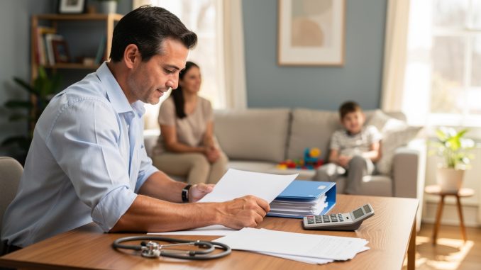 Médecin libéral assis à son bureau avec des dossiers financiers vierges, tandis que sa conjointe et ses deux enfants sont visibles en arrière-plan dans un intérieur lumineux.