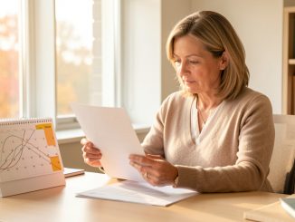 Femme professionnelle dans un cabinet lumineux, examinant un document de retraite aux lignes abstraites à côté d’un calendrier de bureau dont une journée d’automne est mise en évidence.
