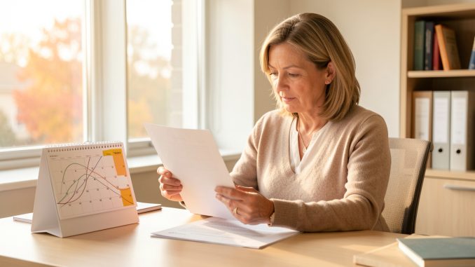 Femme professionnelle dans un cabinet lumineux, examinant un document de retraite aux lignes abstraites à côté d’un calendrier de bureau dont une journée d’automne est mise en évidence.