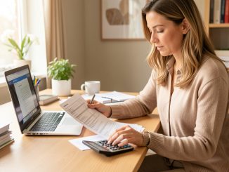 Une femme consulte sa déclaration fiscale sur un ordinateur, entourée de documents et d’une calculatrice sur un bureau lumineux.