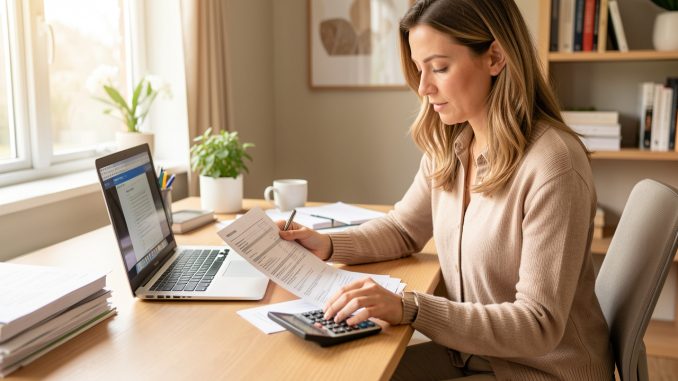 Une femme consulte sa déclaration fiscale sur un ordinateur, entourée de documents et d’une calculatrice sur un bureau lumineux.