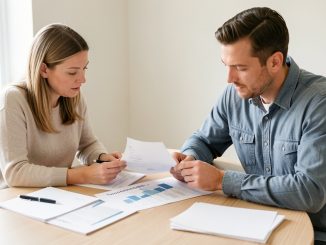 Un couple examine des documents bancaires sobres et un tableau financier abstrait sur une table en bois, dans une ambiance lumineuse et réaliste.