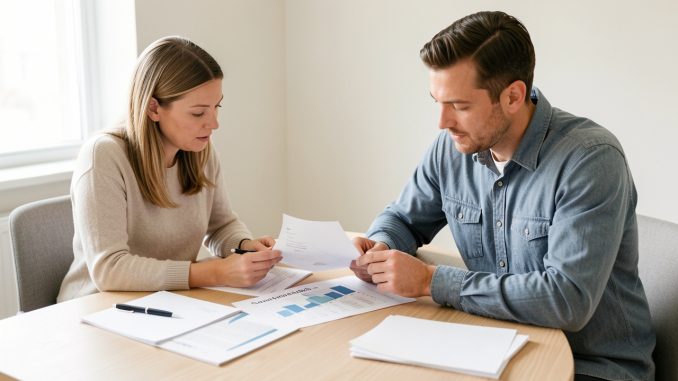 Un couple examine des documents bancaires sobres et un tableau financier abstrait sur une table en bois, dans une ambiance lumineuse et réaliste.