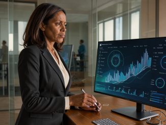 Une dirigeante de PME analyse un tableau de bord financier lumineux dans un bureau moderne.