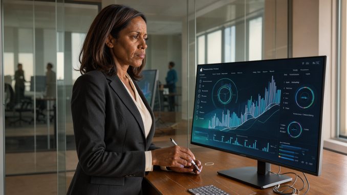 Une dirigeante de PME analyse un tableau de bord financier lumineux dans un bureau moderne.