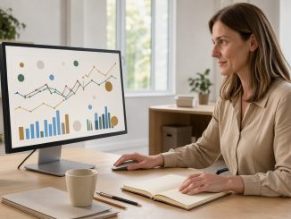 Une dirigeante de petite entreprise consulte des graphiques financiers abstraits sur un ordinateur dans un bureau moderne et lumineux.