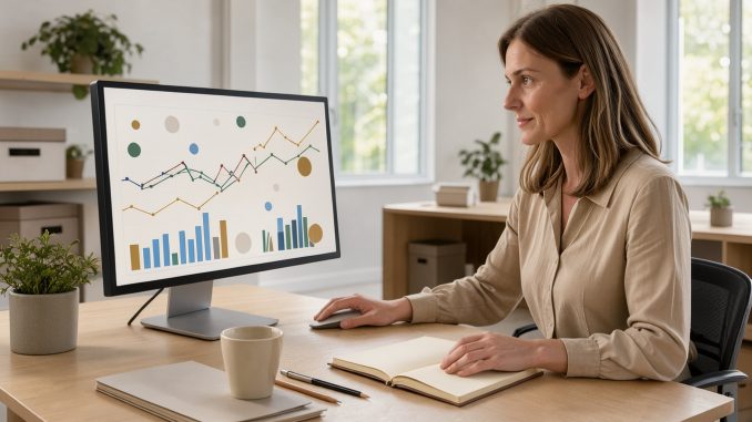 Une dirigeante de petite entreprise consulte des graphiques financiers abstraits sur un ordinateur dans un bureau moderne et lumineux.