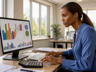 Une dirigeante de petite entreprise analyse des graphiques financiers abstraits sur un ordinateur dans un bureau lumineux et moderne.