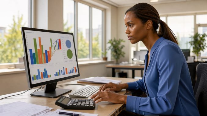Une dirigeante de petite entreprise analyse des graphiques financiers abstraits sur un ordinateur dans un bureau lumineux et moderne.