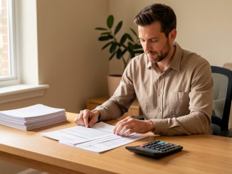 Un homme indépendant organise des documents financiers vierges sur un bureau en bois, dans un espace de travail professionnel éclairé par la lumière naturelle.