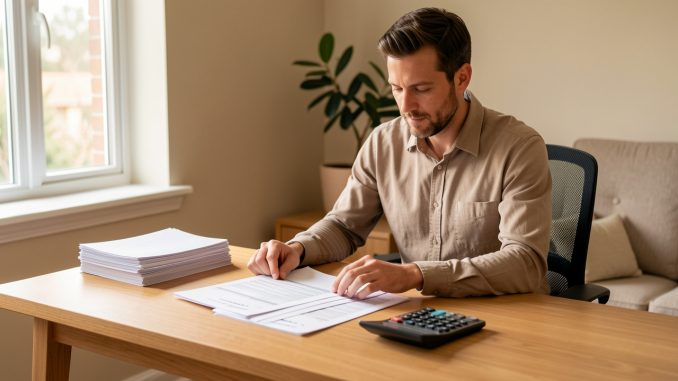 Un homme indépendant organise des documents financiers vierges sur un bureau en bois, dans un espace de travail professionnel éclairé par la lumière naturelle.
