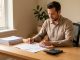 Un homme indépendant organise des documents financiers vierges sur un bureau en bois, dans un espace de travail professionnel éclairé par la lumière naturelle.