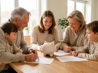 Une famille réunie autour d’une table lumineuse, avec des documents financiers vierges et une tirelire en céramique dans une ambiance rassurante.