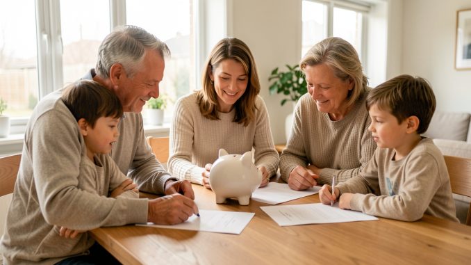 Une famille réunie autour d’une table lumineuse, avec des documents financiers vierges et une tirelire en céramique dans une ambiance rassurante.