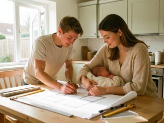 Un jeune couple avec un nourrisson examine les plans d’une extension de maison lumineuse dans un intérieur baigné de lumière naturelle.