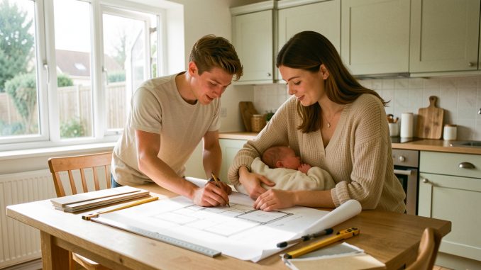 Un jeune couple avec un nourrisson examine les plans d’une extension de maison lumineuse dans un intérieur baigné de lumière naturelle.