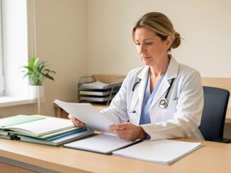 Médecin en blouse blanche consultant des dossiers financiers aux pages vierges dans un cabinet lumineux et rassurant.