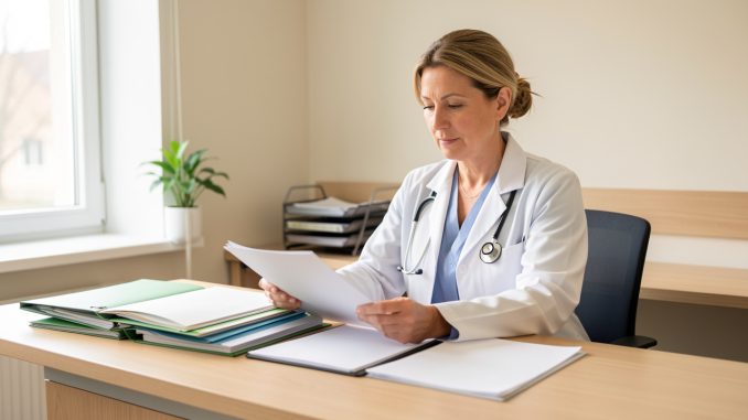 Médecin en blouse blanche consultant des dossiers financiers aux pages vierges dans un cabinet lumineux et rassurant.