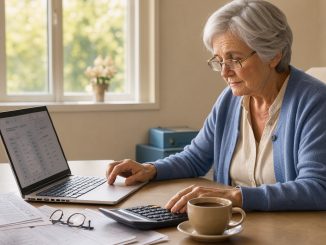 Une retraitée active examine calmement des calculs de pension et de salaire sur un ordinateur, entourée de documents administratifs vierges à une table.