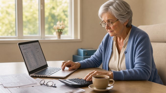 Une retraitée active examine calmement des calculs de pension et de salaire sur un ordinateur, entourée de documents administratifs vierges à une table.